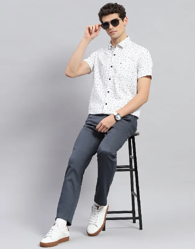 Men Off White Printed Collar Neck Half Sleeve Shirt