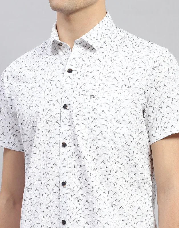 Men Off White Printed Collar Neck Half Sleeve Shirt