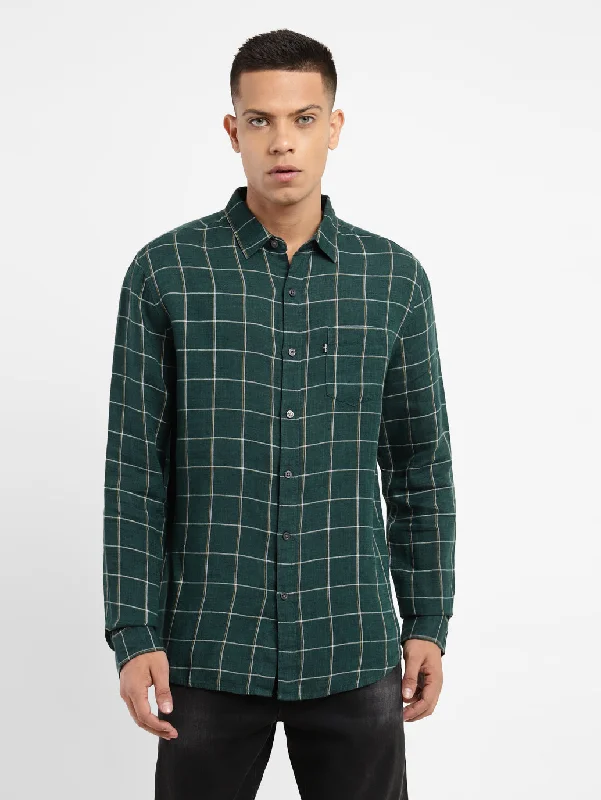 Men's Checkered Spread Collar Linen Shirt