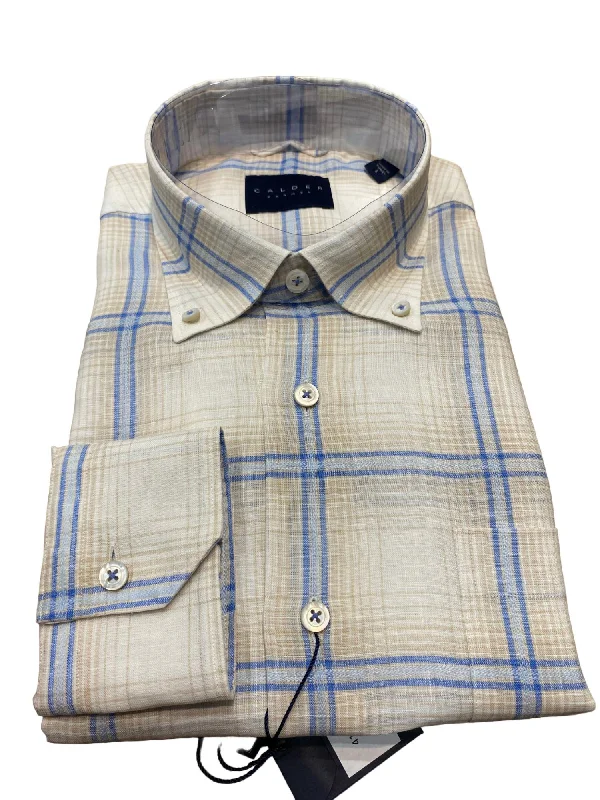 Men's Linen Shirt In Tan/blue