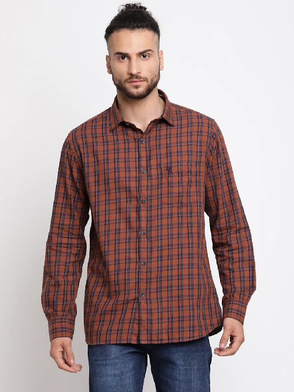 Cantabil Men Cotton Checkered Brown Full Sleeve Casual Shirt for Men with Pocket