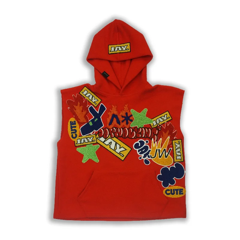 PATCHWORK FLEECE HOODIE IN RED