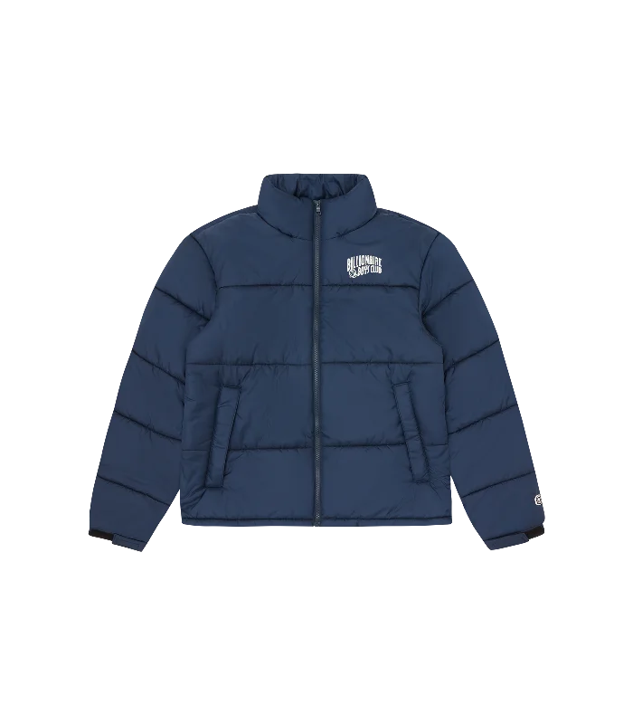 SMALL ARCH LOGO PUFFER JACKET - NAVY/WHITE LOGO