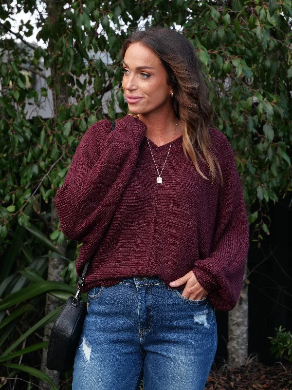 Alpine By Shine On Kara Ribbed Batwing Merino Jumper Claret