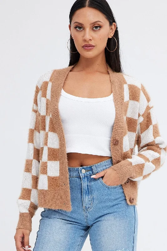 Beige Check Oversized Cardigan