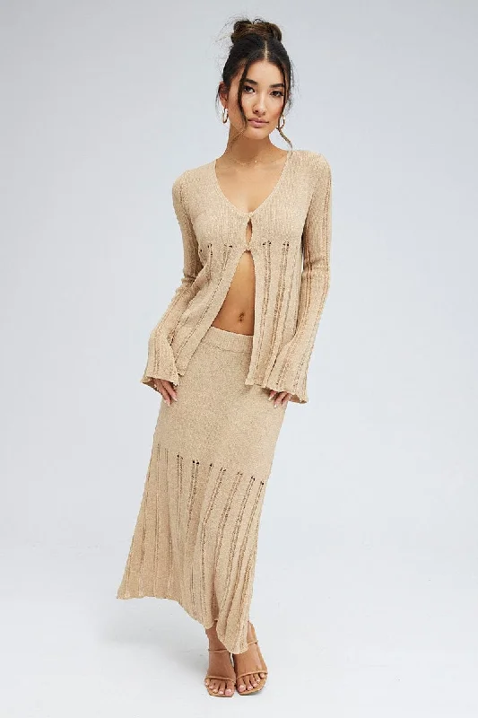 Beige Midi Skirt High Waisted A-line Ladder Knit