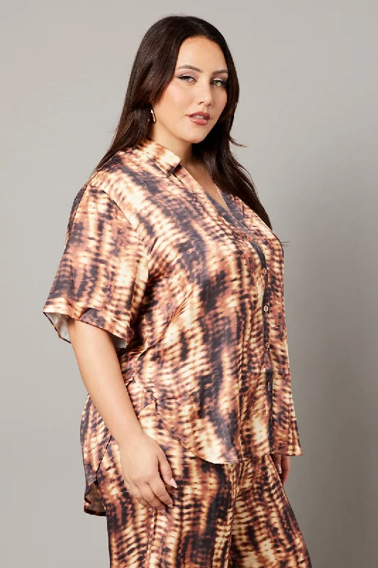 Brown Abstract Relaxed Shirt Short Sleeve Satin