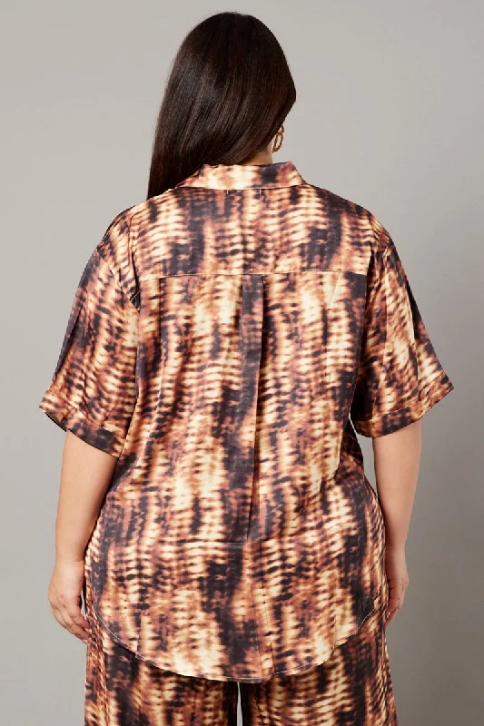 Brown Abstract Relaxed Shirt Short Sleeve Satin