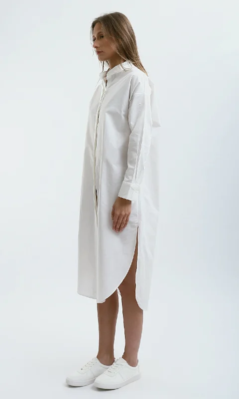 O179181 Off-White Solid Shirt Dress With Hidden Buttons