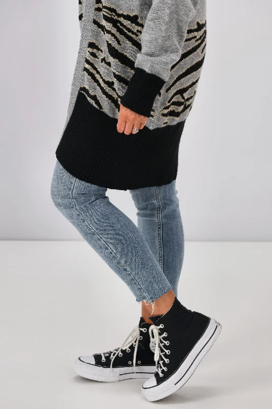 Shine On Label Mathias Animal Print Cardigan Grey Marl, Oat and Black