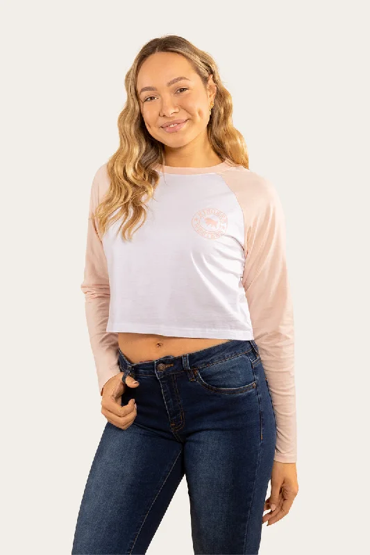 Signature Bull Womens Crop Raglan T-Shirt - White/Putty Pink