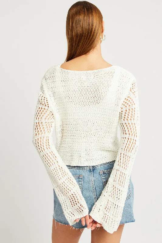 White Crochet Cardigan Long Sleeve Squared Neck