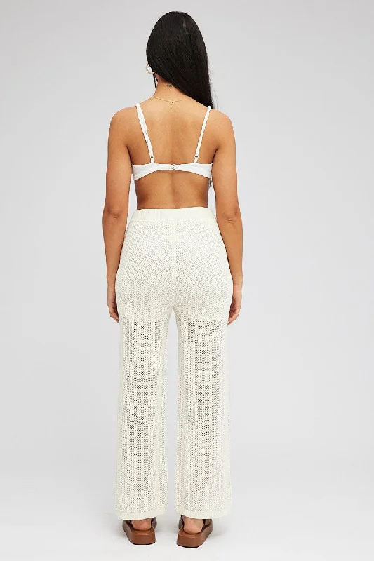 White Knit Pants Wide Leg Crochet