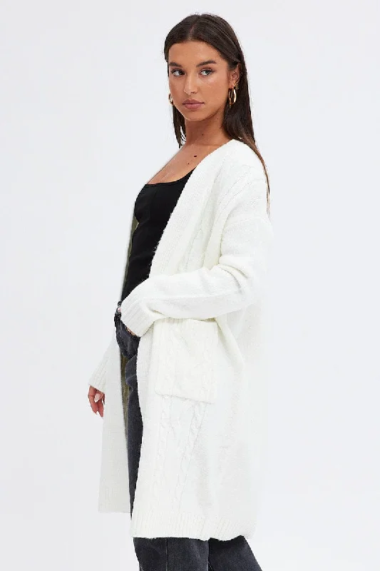 White Longline Cable Knit Cardigan