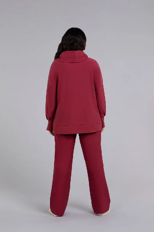 Bamboo Fleece Cowl Neck Pleat Sleeve Top | Cherry