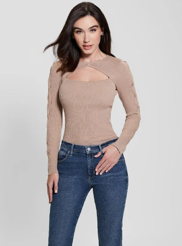 Beige Long Sleeve Sequin Knit Top