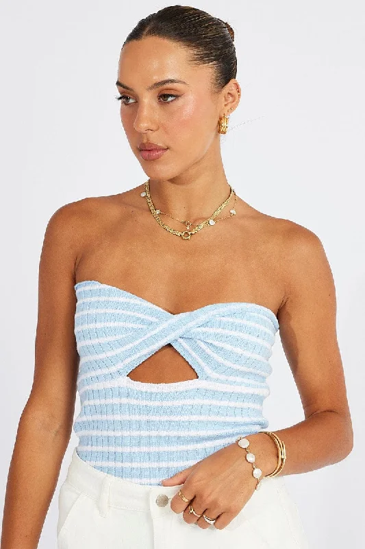 Blue Stripe Crochet Knit Top Bandeau