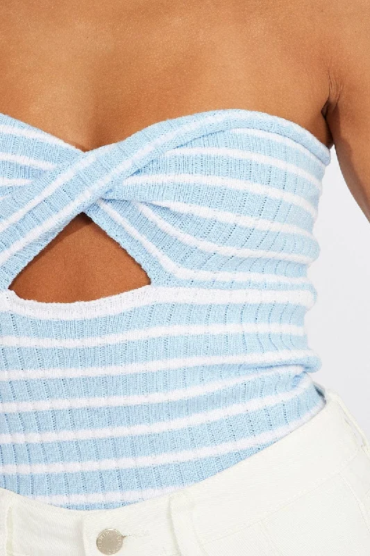 Blue Stripe Crochet Knit Top Bandeau