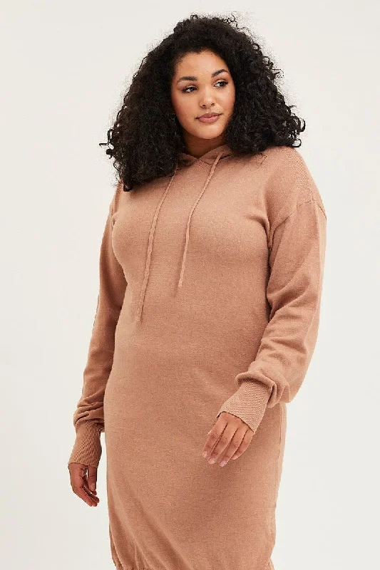 Brown Plus Long Sleeve Hoodie Knit Dress