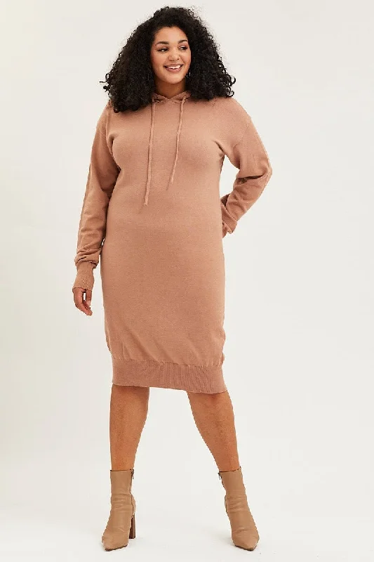 Brown Plus Long Sleeve Hoodie Knit Dress