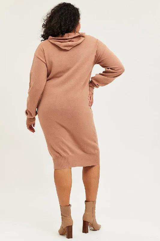 Brown Plus Long Sleeve Hoodie Knit Dress