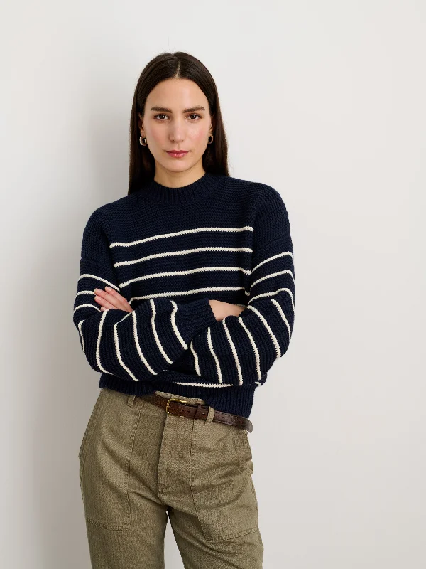 Button-Back Crewneck Sweater in Stripe