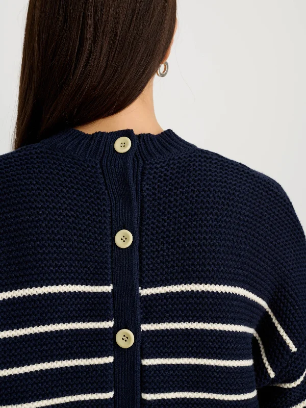 Button-Back Crewneck Sweater in Stripe