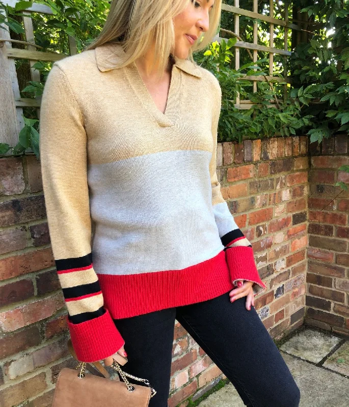 Camel Colour Block Collared Jumper