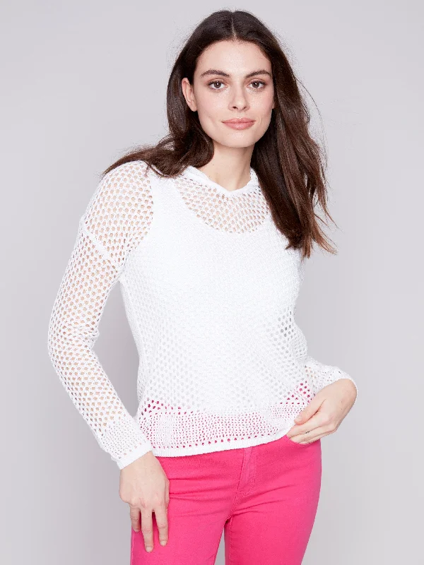 Fishnet Crochet Hoodie Sweater - White