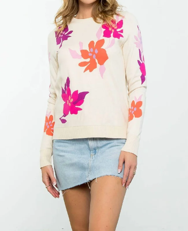 Floral Knit Long Sleeve Sweater In Cream