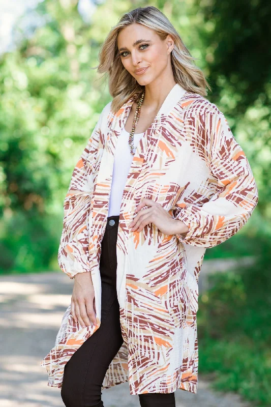 Ivory and Brown Palm Print Mid Length Cardigan