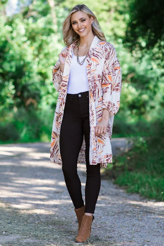 Ivory and Brown Palm Print Mid Length Cardigan