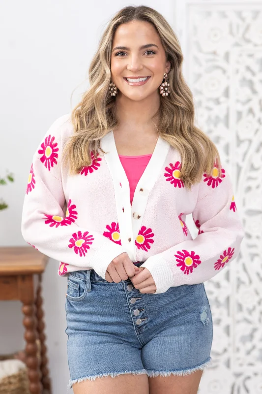 Ivory With Fuchsia Flower Pattern Cardigan