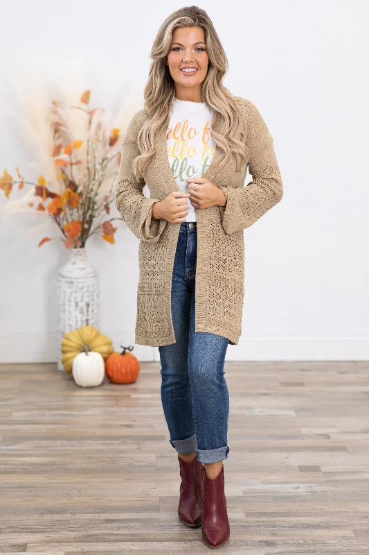 Khaki Cardigan With Pointelle Detail