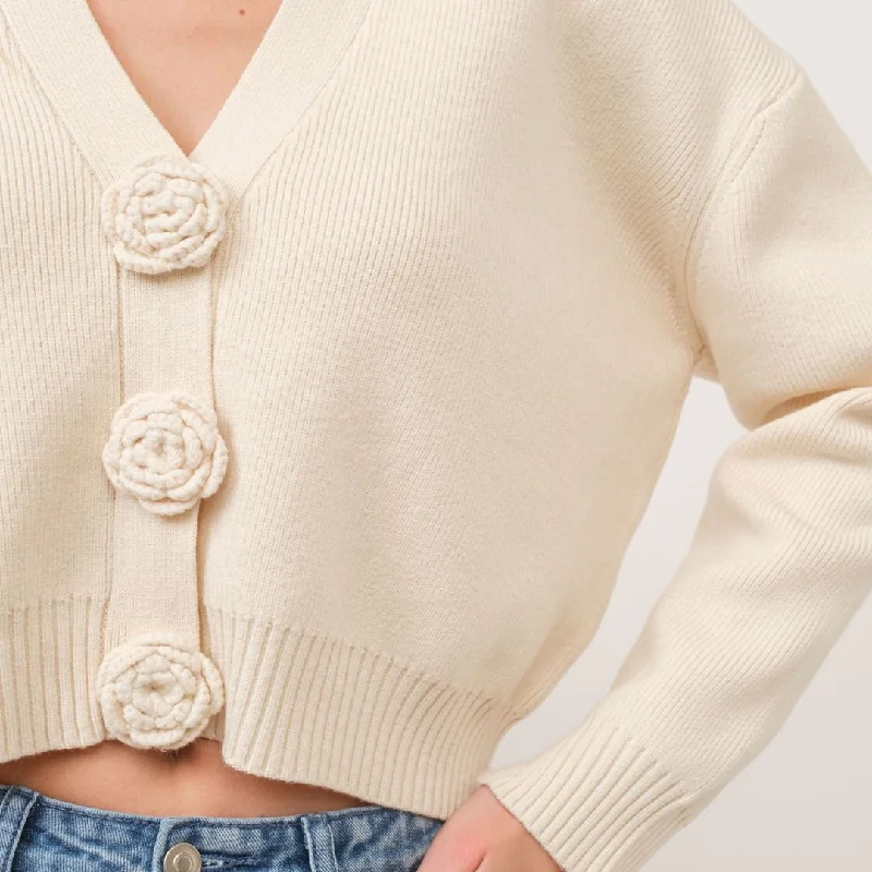 Knitted Rosette Detail Cardigan (Ivory)