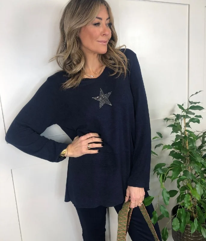 Navy Diamante Star Lightweight Jumper