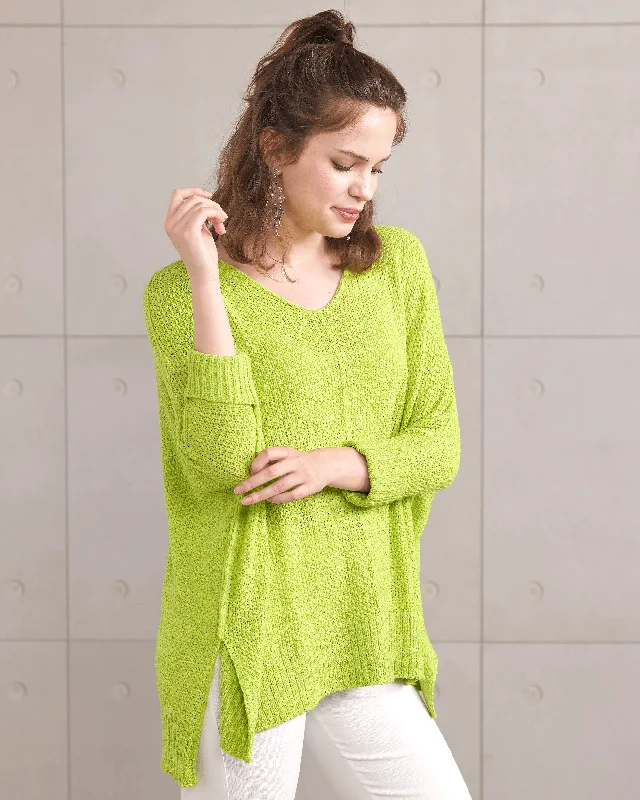 Oversized V-Neck Knit Sweater - Lime