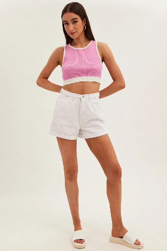 Pink Crop Top Knit Contrast Binding