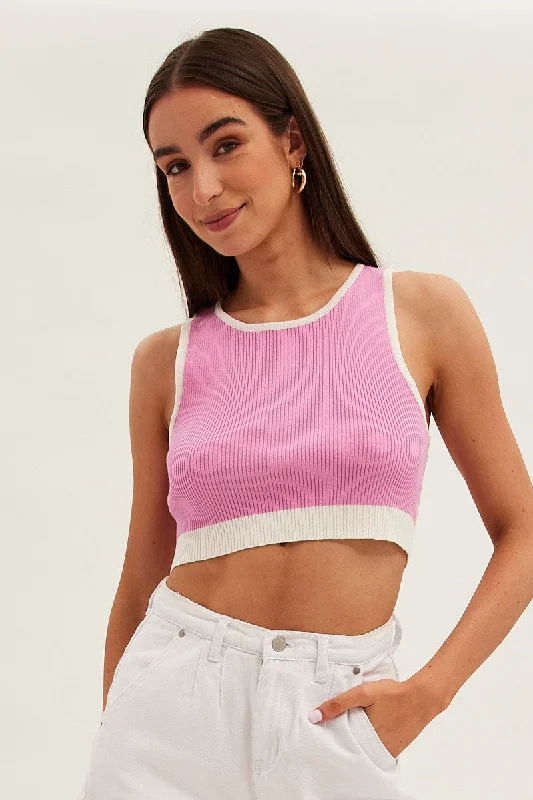 Pink Crop Top Knit Contrast Binding