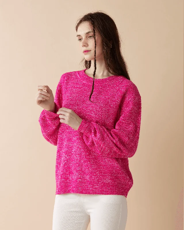 Round Neck Balloon Sleeve Sweater - Fuchsia