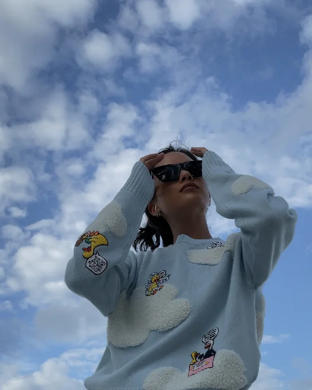 Sky Blue Cloud Embroidery Wool Sweater