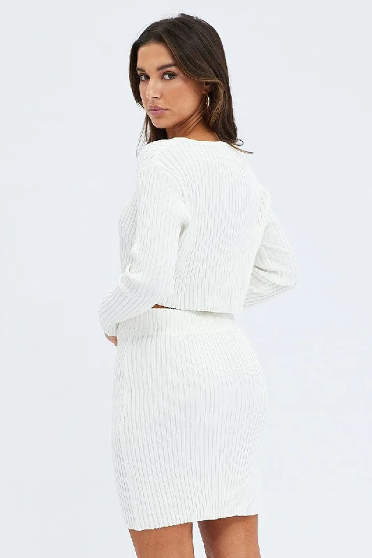 White Knit Mini Skirt Lounge Set